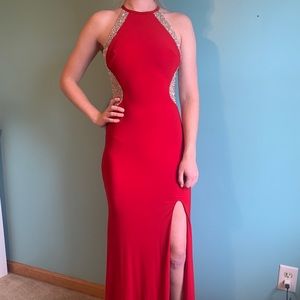 Red long dress with jeweled and mesh back